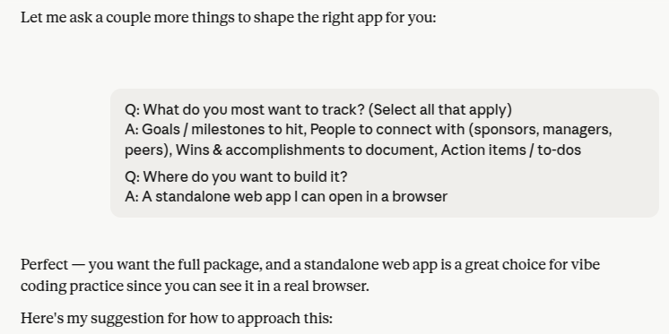 Claude asking targeted questions about what to track