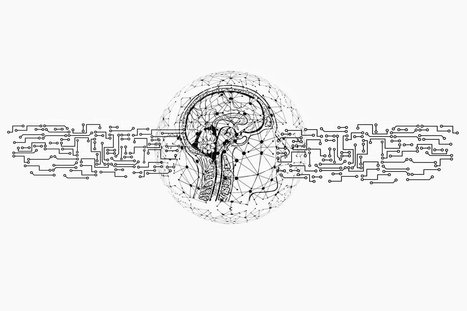 Black and white illustration of a human head profile with brain visible, enclosed in a wireframe sphere, with circuit board patterns extending horizontally from both sides